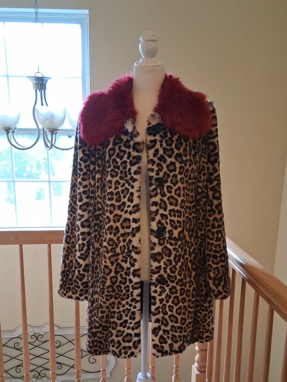 Nikki Jones Leopard Print Teddy Coat with Red Faux Fur Collar - Women's Jacket - Picture 1 of 14